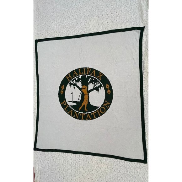 HALIFAX PLANTATION Logo Knits Blanket White Green 67x63 - Picture 1 of 9